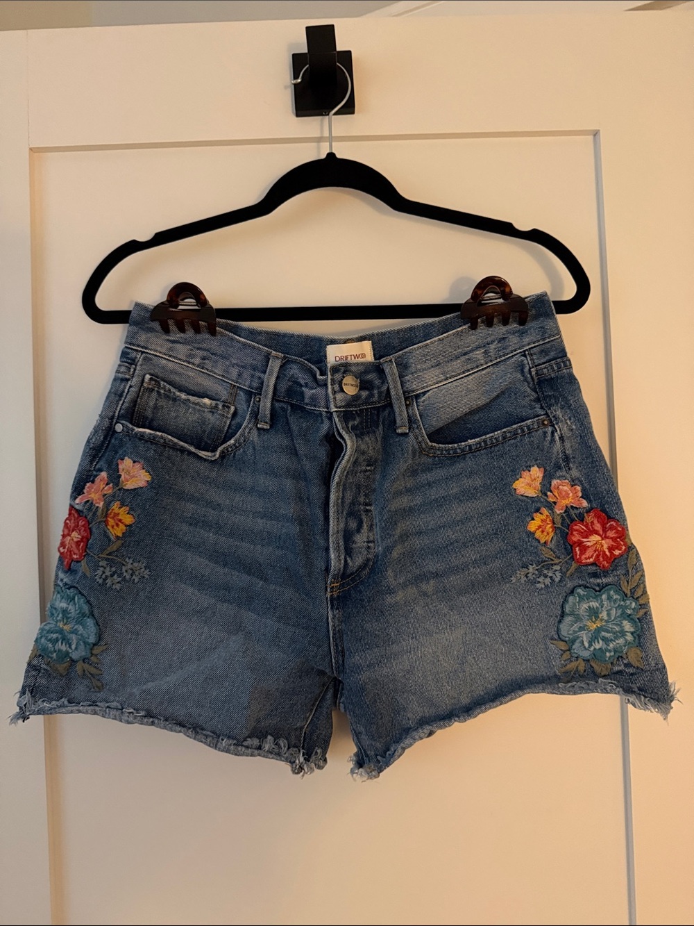 Driftwood Embroidered Denim Shorts - Blue with Floral Accents
